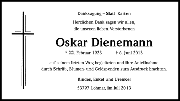 Anzeige von Oskar Dienemann von Kölner Stadt-Anzeiger / Kölnische Rundschau / Express