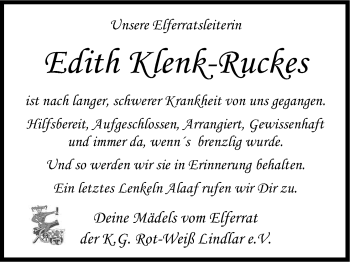 Anzeige von Edith Klenk-Ruckes von Kölner Stadt-Anzeiger / Kölnische Rundschau / Express