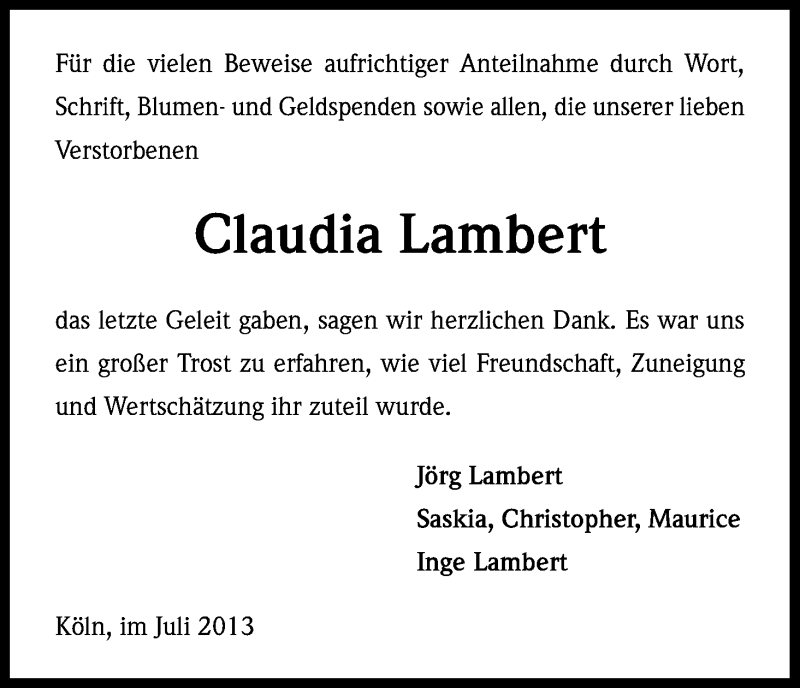  Traueranzeige für Claudia Lambert vom 20.07.2013 aus Kölner Stadt-Anzeiger / Kölnische Rundschau / Express