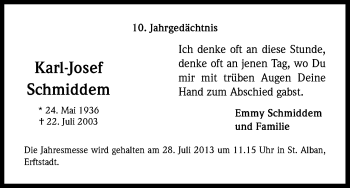 Anzeige von Karl-Josef Schmiddem von Kölner Stadt-Anzeiger / Kölnische Rundschau / Express