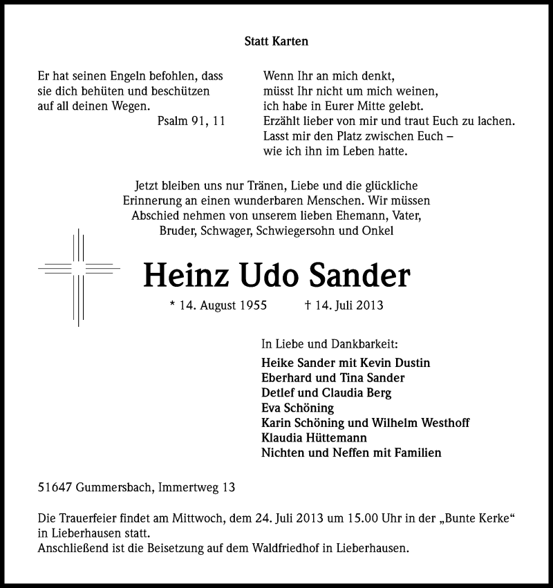  Traueranzeige für Heinz Udo Sander vom 19.07.2013 aus Kölner Stadt-Anzeiger / Kölnische Rundschau / Express
