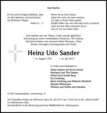 Anzeige von Heinz Udo Sander von Kölner Stadt-Anzeiger / Kölnische Rundschau / Express