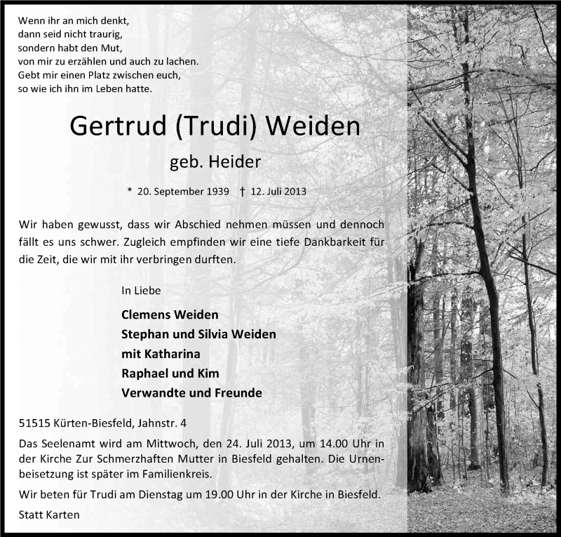  Traueranzeige für Gertrud Weiden vom 17.07.2013 aus Kölner Stadt-Anzeiger / Kölnische Rundschau / Express
