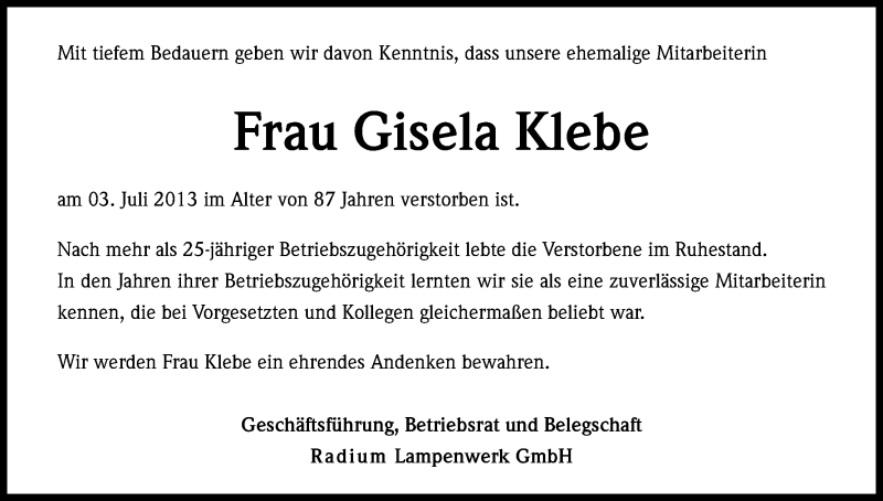  Traueranzeige für Gisela Klebe vom 17.07.2013 aus Kölner Stadt-Anzeiger / Kölnische Rundschau / Express