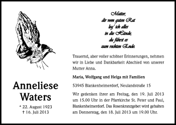 Anzeige von Anneliese Waters von Kölner Stadt-Anzeiger / Kölnische Rundschau / Express