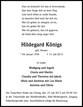 Anzeige von Königs Hildegard von Kölner Stadt-Anzeiger / Kölnische Rundschau / Express
