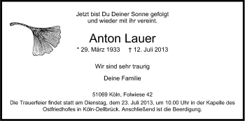 Anzeige von Anton Lauer von Kölner Stadt-Anzeiger / Kölnische Rundschau / Express