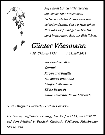 Anzeige von Günter Wiesmann von Kölner Stadt-Anzeiger / Kölnische Rundschau / Express