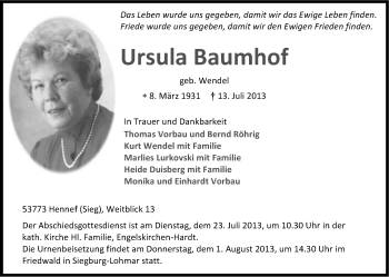 Anzeige von Ursula Baumhof von Kölner Stadt-Anzeiger / Kölnische Rundschau / Express