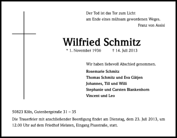 Anzeige von Wilfried Schmitz von Kölner Stadt-Anzeiger / Kölnische Rundschau / Express