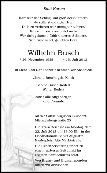 Anzeige von Wilhelm Busch von Kölner Stadt-Anzeiger / Kölnische Rundschau / Express