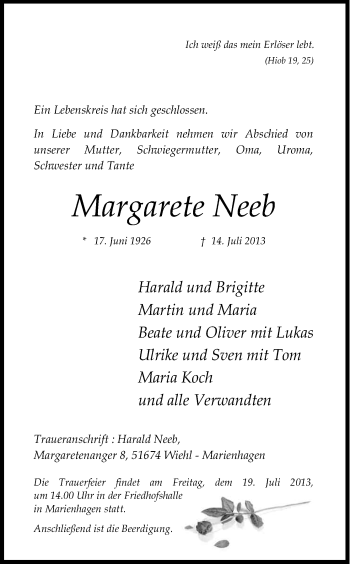 Anzeige von Margarete Neeb von Kölner Stadt-Anzeiger / Kölnische Rundschau / Express