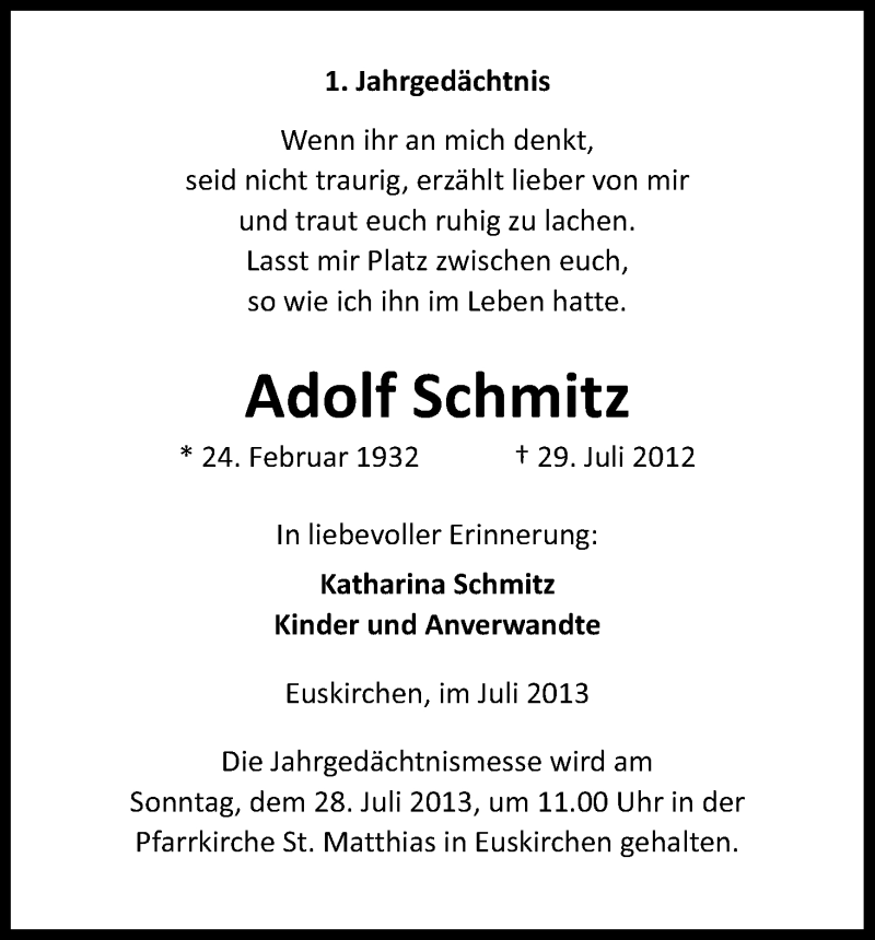  Traueranzeige für Adolf Schmitz vom 20.07.2013 aus Kölner Stadt-Anzeiger / Kölnische Rundschau / Express