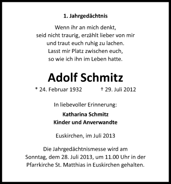 Anzeige von Adolf Schmitz von Kölner Stadt-Anzeiger / Kölnische Rundschau / Express