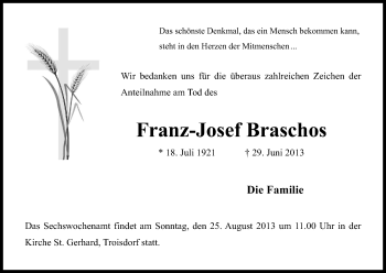 Anzeige von Franz-Josef Braschos von Kölner Stadt-Anzeiger / Kölnische Rundschau / Express