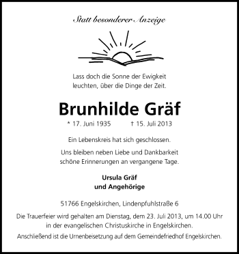Anzeige von Brunhilde Gräf von Kölner Stadt-Anzeiger / Kölnische Rundschau / Express