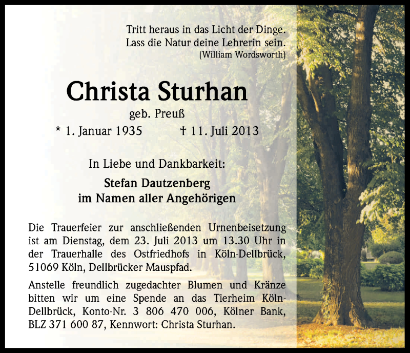  Traueranzeige für Christa Sturhan vom 20.07.2013 aus Kölner Stadt-Anzeiger / Kölnische Rundschau / Express