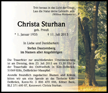 Anzeige von Christa Sturhan von Kölner Stadt-Anzeiger / Kölnische Rundschau / Express