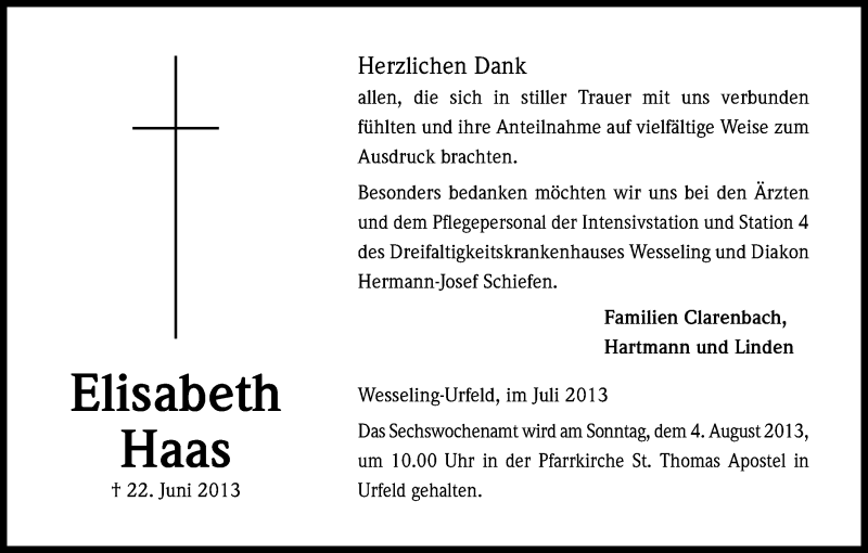  Traueranzeige für Elisabeth Haas vom 24.07.2013 aus Kölner Stadt-Anzeiger / Kölnische Rundschau / Express