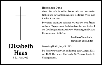 Anzeige von Elisabeth Haas von Kölner Stadt-Anzeiger / Kölnische Rundschau / Express
