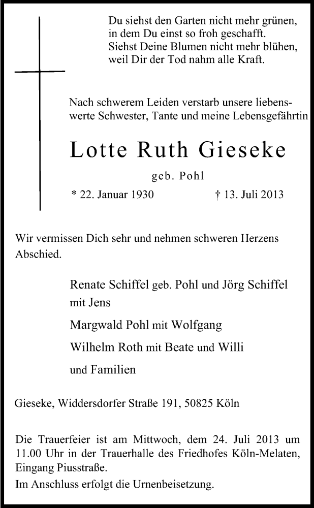  Traueranzeige für Lotte Ruth Gieseke vom 20.07.2013 aus Kölner Stadt-Anzeiger / Kölnische Rundschau / Express
