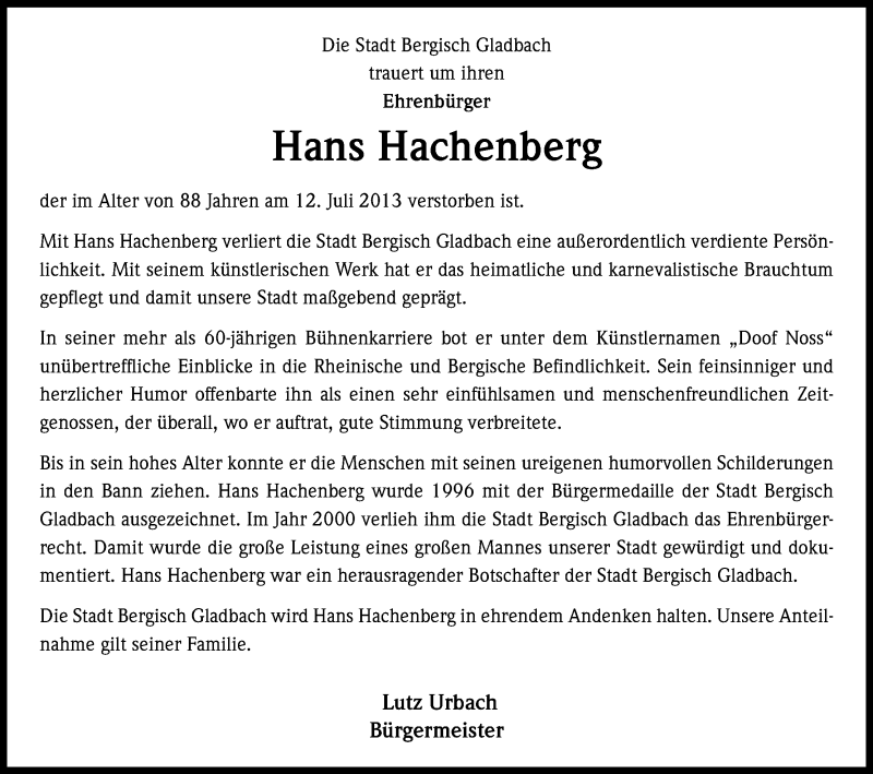 Traueranzeige für Hans Hachenberg vom 19.07.2013 aus Kölner Stadt-Anzeiger / Kölnische Rundschau / Express
