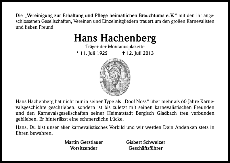  Traueranzeige für Hans Hachenberg vom 19.07.2013 aus Kölner Stadt-Anzeiger / Kölnische Rundschau / Express