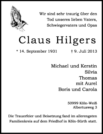 Anzeige von Claus Hilgers von Kölner Stadt-Anzeiger / Kölnische Rundschau / Express
