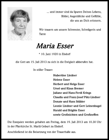 Anzeige von Maria Esser von Kölner Stadt-Anzeiger / Kölnische Rundschau / Express