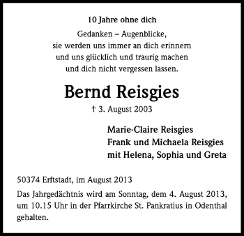 Anzeige von Berd Reisgies von Kölner Stadt-Anzeiger / Kölnische Rundschau / Express