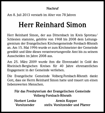 Anzeige von Reinhard Simon von Kölner Stadt-Anzeiger / Kölnische Rundschau / Express