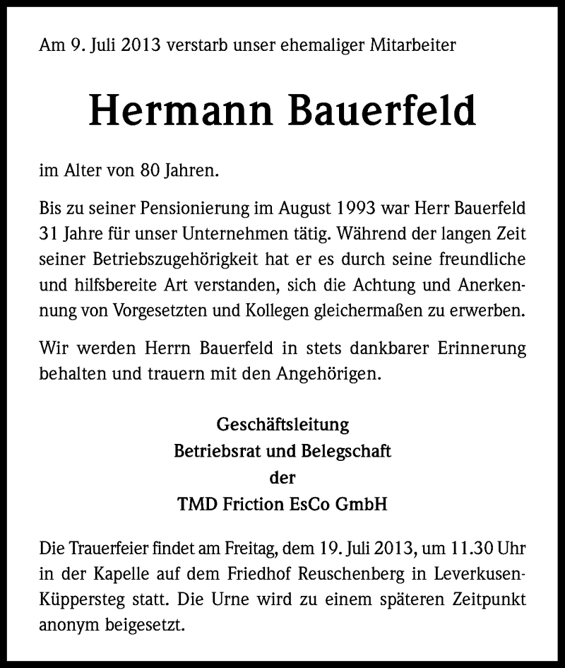  Traueranzeige für Hermann Bauerfeld vom 17.07.2013 aus Kölner Stadt-Anzeiger / Kölnische Rundschau / Express