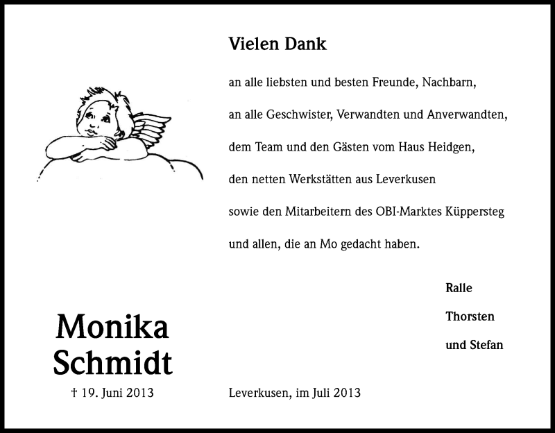  Traueranzeige für Monika Schmidt vom 20.07.2013 aus Kölner Stadt-Anzeiger / Kölnische Rundschau / Express
