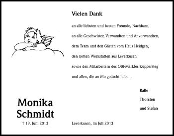 Anzeige von Monika Schmidt von Kölner Stadt-Anzeiger / Kölnische Rundschau / Express