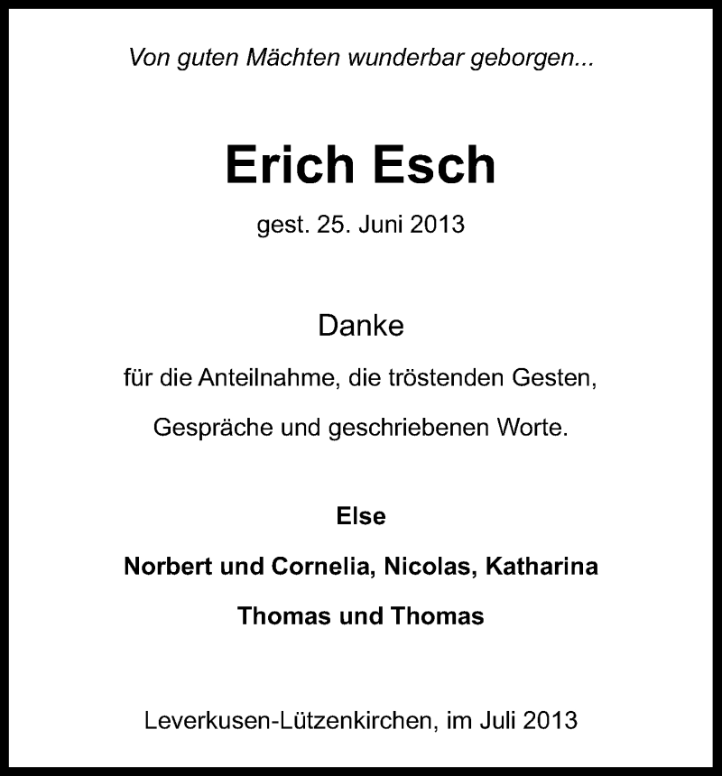  Traueranzeige für Erich Esch vom 20.07.2013 aus Kölner Stadt-Anzeiger / Kölnische Rundschau / Express