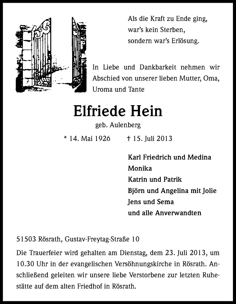  Traueranzeige für Elfriede Hein vom 19.07.2013 aus Kölner Stadt-Anzeiger / Kölnische Rundschau / Express