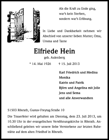 Anzeige von Elfriede Hein von Kölner Stadt-Anzeiger / Kölnische Rundschau / Express