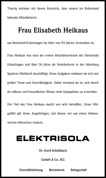 Anzeige von Elisabeth Heikaus von Kölner Stadt-Anzeiger / Kölnische Rundschau / Express