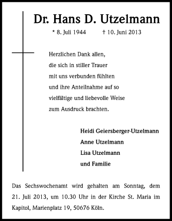Anzeige von Hans Utzelmann von Kölner Stadt-Anzeiger / Kölnische Rundschau / Express
