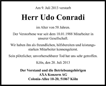 Anzeige von Udo Conradi von Kölner Stadt-Anzeiger / Kölnische Rundschau / Express