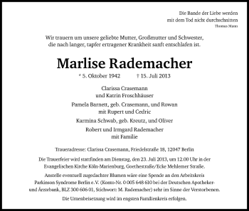 Anzeige von Marlise Rademacher von Kölner Stadt-Anzeiger / Kölnische Rundschau / Express