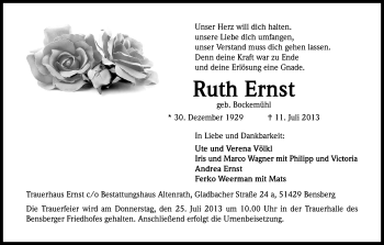 Anzeige von Ruth Ernst von Kölner Stadt-Anzeiger / Kölnische Rundschau / Express
