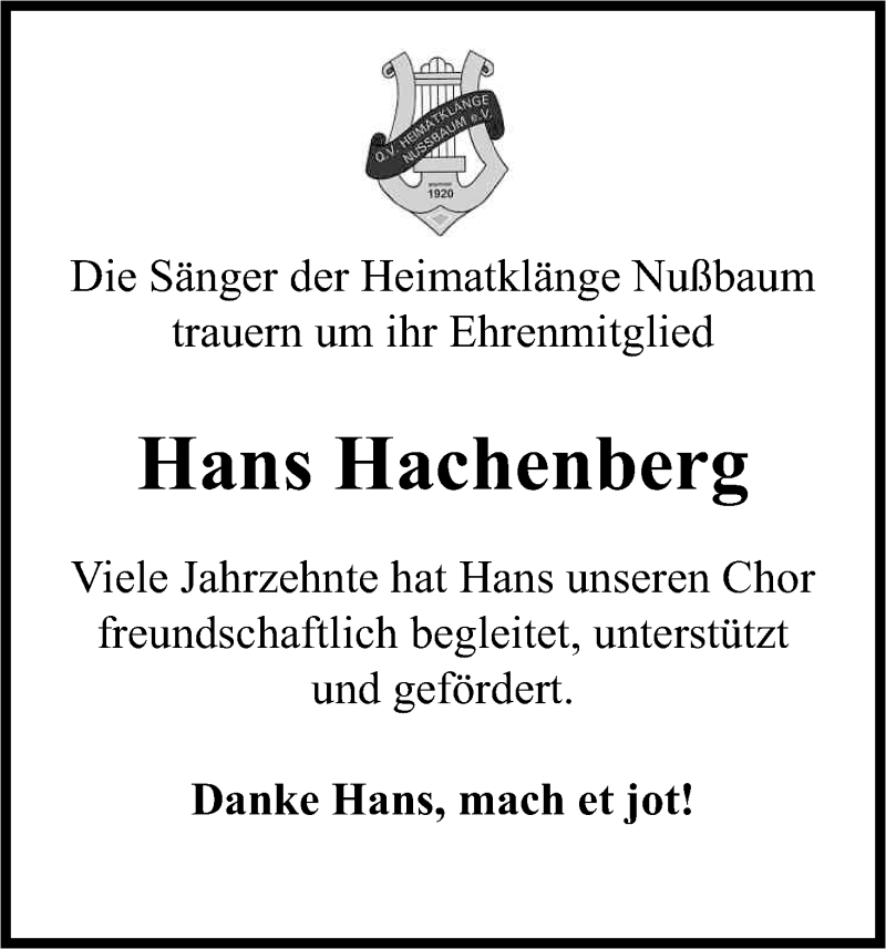  Traueranzeige für Hans Hachenberg vom 19.07.2013 aus Kölner Stadt-Anzeiger / Kölnische Rundschau / Express