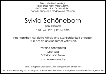 Anzeige von Sylvia Schöneborn von Kölner Stadt-Anzeiger / Kölnische Rundschau / Express