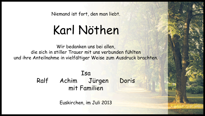  Traueranzeige für Karl Nöthen vom 20.07.2013 aus Kölner Stadt-Anzeiger / Kölnische Rundschau / Express