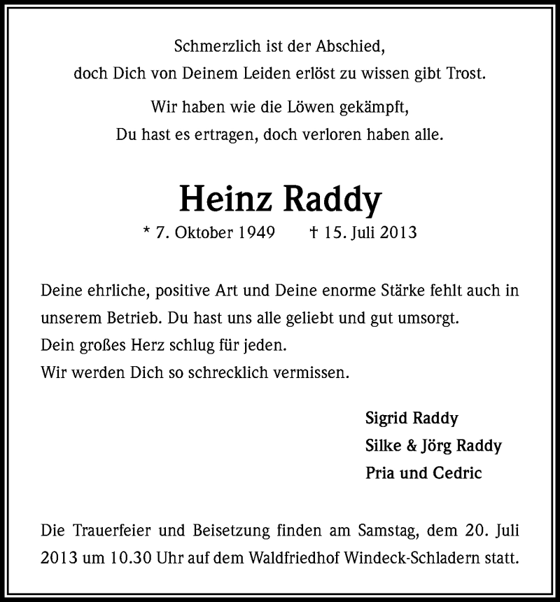  Traueranzeige für Hans Raddy vom 18.07.2013 aus Kölner Stadt-Anzeiger / Kölnische Rundschau / Express