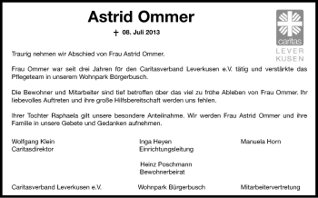 Anzeige von Astrid Ommer von Kölner Stadt-Anzeiger / Kölnische Rundschau / Express