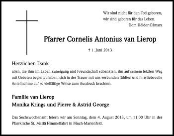 Anzeige von Cornelius Antonius van Lierop von Kölner Stadt-Anzeiger / Kölnische Rundschau / Express