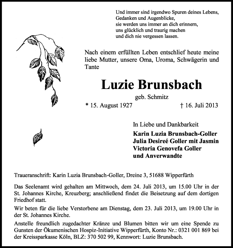  Traueranzeige für Luzie Brunsbach vom 18.07.2013 aus Kölner Stadt-Anzeiger / Kölnische Rundschau / Express