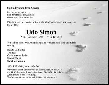 Anzeige von Udo Simon von Kölner Stadt-Anzeiger / Kölnische Rundschau / Express
